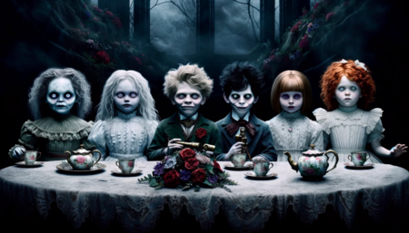 This image depicts what his imaginary friends look like having a tea party with him. Since becoming an aberration, they will manifest as specters, of course they look completely real to him. Friends in the image from left to right; Delia, Izzy, Ollie, Barney, Bella, Effie.